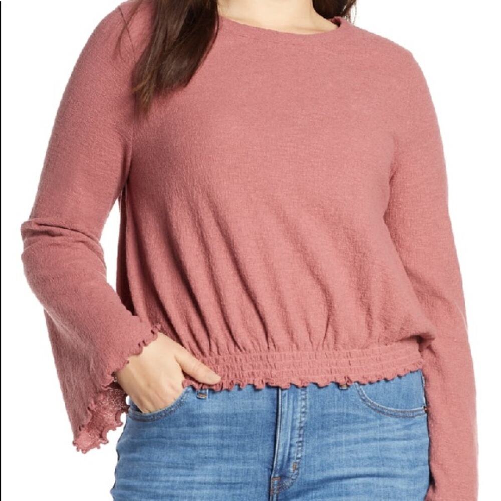 Madewell Texture & Thread Pink Smocked Bell Sleeve Top Size Small